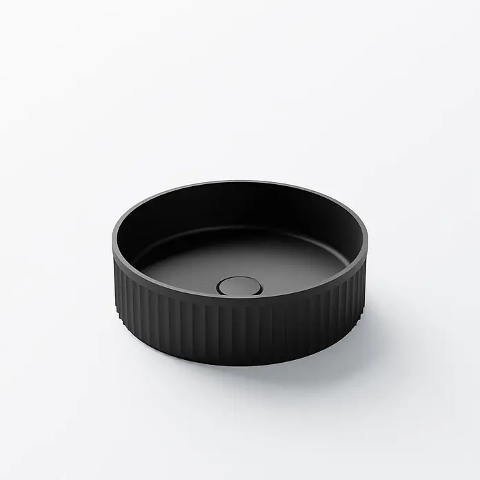 Vola Waschtisch - 0 x 0 cm - Schwarzes, rundes Waschbecken mit matter Oberfläche und geriffelter Außenseite, mit mittigem Abfluss.