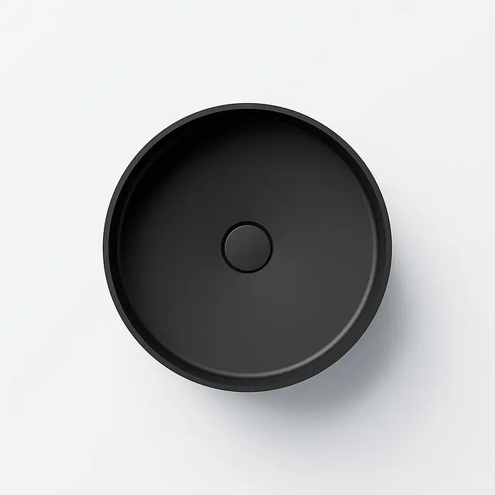 Vola Waschtisch - 0 x 0 cm - Matt schwarzes rundes Waschbecken mit mittigem Abfluss.