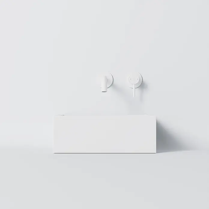 Vola Waschtisch - 0 x 0 cm - Weißes rechteckiges Waschbecken mit passendem Wandhahn und Einzelgriff.