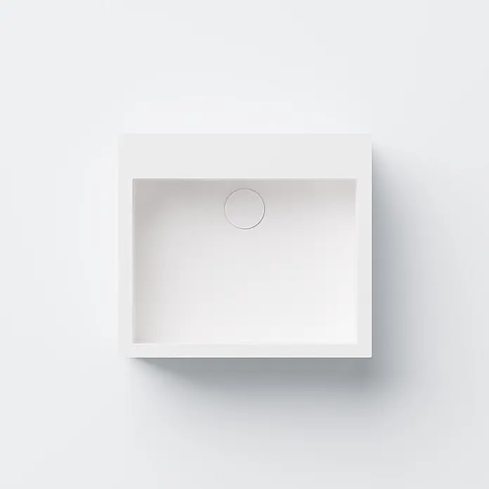 Vola Waschtisch - 0 x 0 cm - Weißes, rechteckiges Solid-Surface-Waschbecken mit integriertem Ablauf, von oben gesehen.