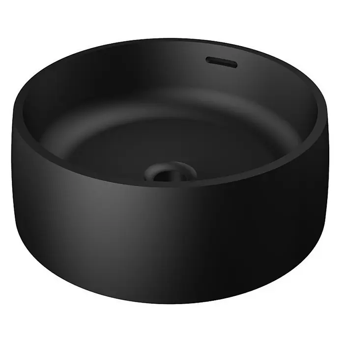 Vola Waschtisch - 0 x 0 cm - Mattschwarzes rundes Waschbecken mit Überlaufschlitz und zentralem Abflussring.