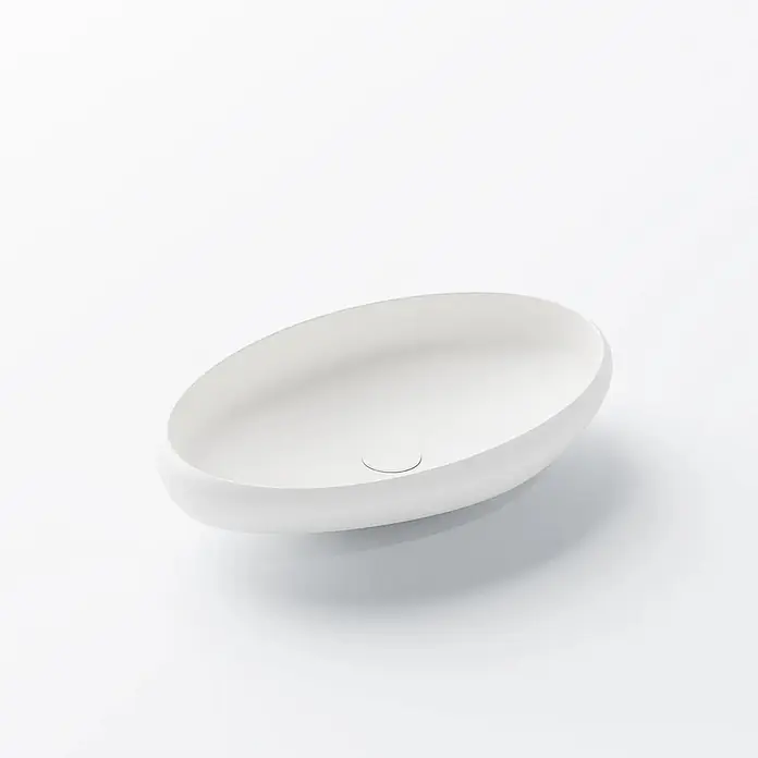Vola Waschtisch - 0 x 0 cm - Weißes ovales Aufsatzwaschbecken mit glatter Oberfläche und zentralem Abfluss.