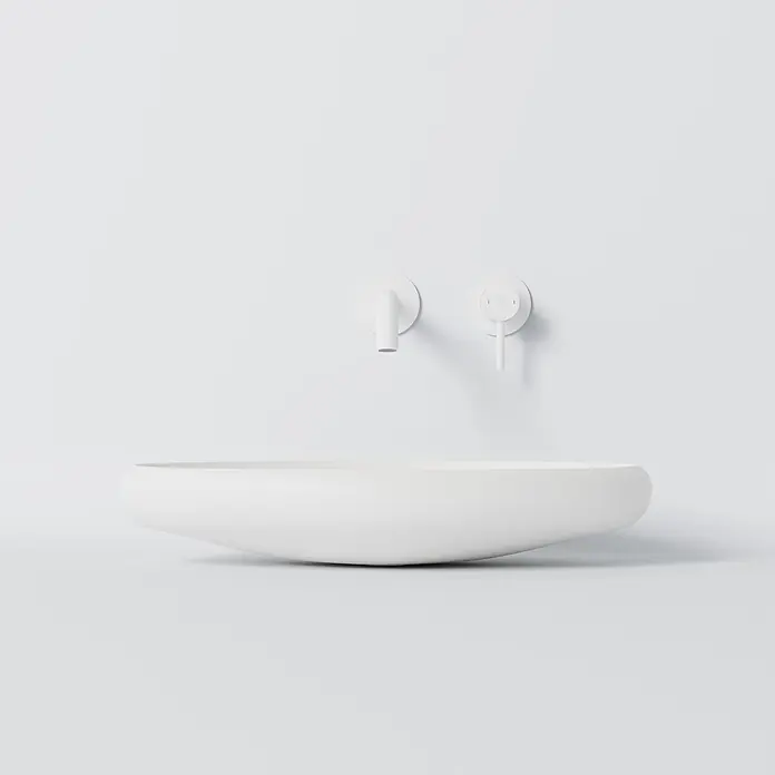 Vola Waschtisch - 0 x 0 cm - Weiße wandmontierte Armatur und ovales Waschbecken.