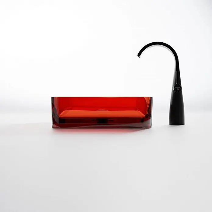 Vola Waschtisch - 0 x 0 cm - Rotes, rechteckiges Glas-Aufsatzwaschbecken mit modernem schwarzem Wasserhahn.