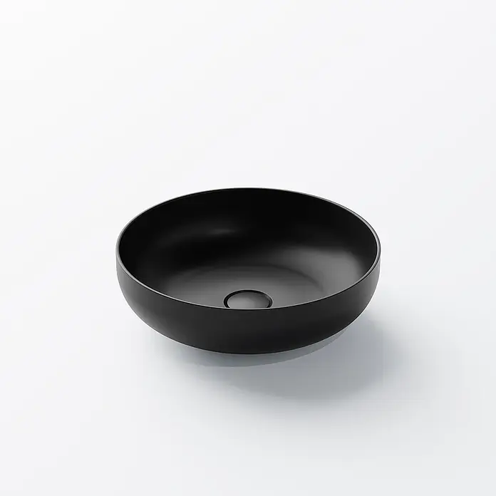 Vola Waschtisch - 0 x 0 cm - Mattschwarzes Aufsatzwaschbecken in Schalenform mit zentralem Abfluss.
