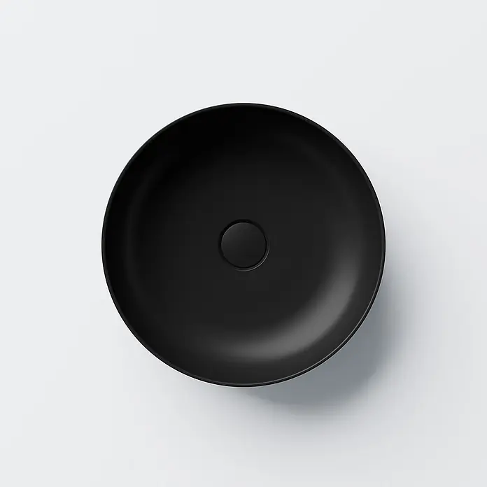Vola Waschtisch - 0 x 0 cm - Rundes, matt-schwarzes Keramikwaschbecken mit mittigem Abfluss.