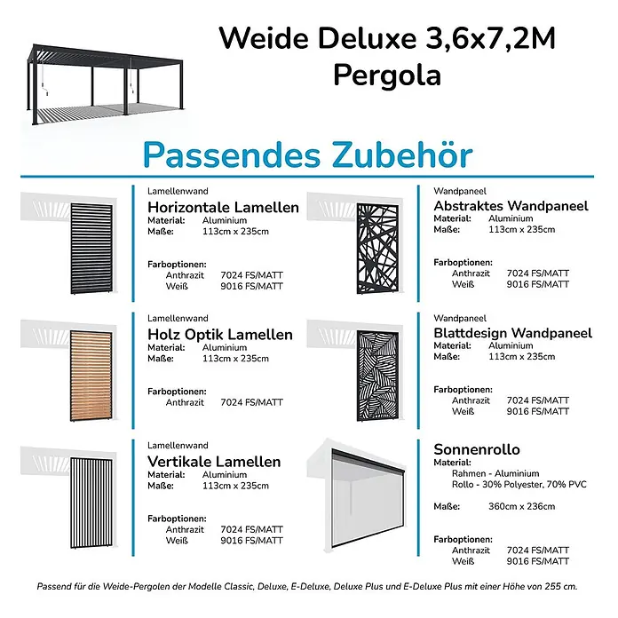 Weide Pergola Deluxe freistehend Aluminium 3,6 x 7,2 m Weiß - B x T: 720 x 360 cm, Farbe Gestell: Sandpapier FinishWeiss / RAL Farbcode 9016, Aluminium - Weide Deluxe Pergola mit passendem Zubehör wie Lamellenwänden, Wandpaneelen und Sonnenrollo in Anthrazit oder Weiß.