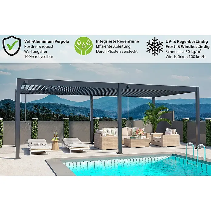 Weide Pergola Weide Pergola Deluxe freistehend 3,6 x 7,2 m Anthrazit Aluminium - Farbe Gestell: Sandpapier FinishAnthrazit / RAL Farbcode 7024, Aluminium - Dunkelgraue Aluminium-Pergola mit integrierter Regenrinne, die eine Poolterrasse mit Loungemöbeln beschattet.