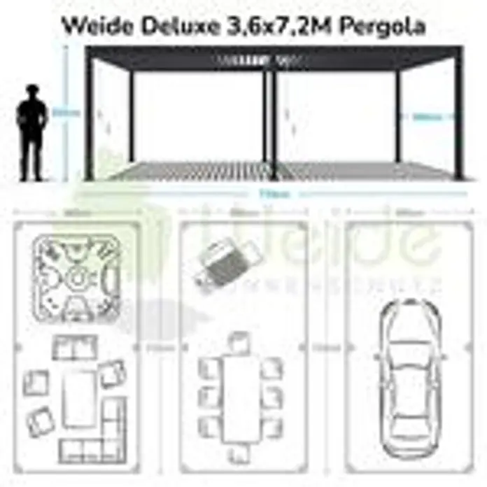 Weide Pergola Deluxe freistehend Aluminium 3,6 x 7,2 m Weiß - B x T: 720 x 360 cm, Farbe Gestell: Sandpapier FinishWeiss / RAL Farbcode 9016, Aluminium - Weide Deluxe 3,6x7,2m Pergola-Diagramm, dunkelgrau, mit Layout-Beispielen für Lounge, Essbereich oder zwei Autos.