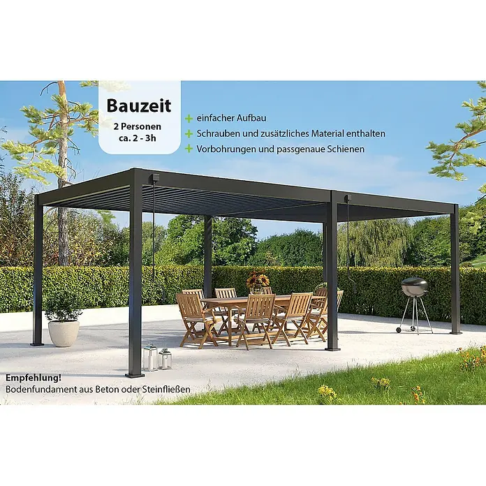 Weide Pergola Weide Pergola Deluxe freistehend 3,6 x 7,2 m Anthrazit Aluminium - Farbe Gestell: Sandpapier FinishAnthrazit / RAL Farbcode 7024, Aluminium - Große, schwarze Aluminium-Pergola mit Lamellendach auf einer Terrasse mit Esstisch.