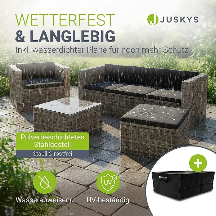 Juskys Loungemöbel-Set Punta Cana - 5 -tlg., Gestell: Stahl, pulverbeschichtet; Geflecht: Polyrattan; Sitz- und Rückenkissen: Polyester, Schaumstoff; Glasplatte: Sicherheitsglas; Abdeckung: 420D Oxford-Gewebe (100 g/m²), PU-Beschichtung, Grau - Wetterfeste Outdoor-Loungegruppe in Rattan-Optik mit dunklen Kissen, im Regen gezeigt. Inklusive Schutzhülle.
