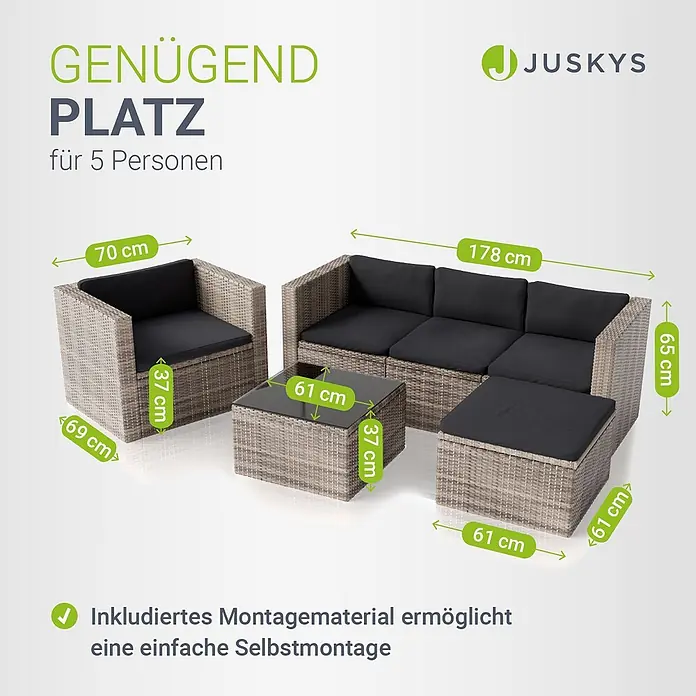 Juskys Loungemöbel-Set Punta Cana - 5 -tlg., Gestell: Stahl, pulverbeschichtet; Geflecht: Polyrattan; Sitz- und Rückenkissen: Polyester, Schaumstoff; Glasplatte: Sicherheitsglas; Abdeckung: 420D Oxford-Gewebe (100 g/m²), PU-Beschichtung, Grau - Rattan-Gartenmöbelset für 5 Personen: Sofa, Sessel, Tisch, Hocker mit schwarzen Kissen und Maßen.