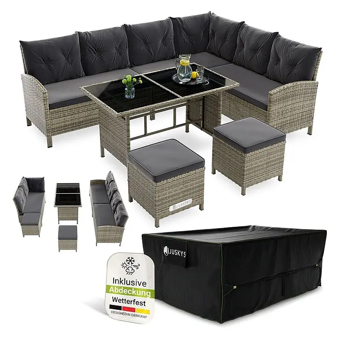 Juskys Loungemöbel-Set Manacor - 5 -tlg., Gestell: Stahl, pulverbeschichtet; Geflecht: Polyrattan; Tischplatten: Sicherheitsglas; Sitzkissen: 100 % Schaumstoff; Bezüge: 100 % Polyester; Abdeckung: 420D Oxford-Gewebe (100 g/m²), PU-Beschichtung, dunkelgrau - Helles Rattan-Gartenmöbelset mit dunkelgrauen Polstern, Glastisch, zwei Hockern und schwarzer Schutzhülle.