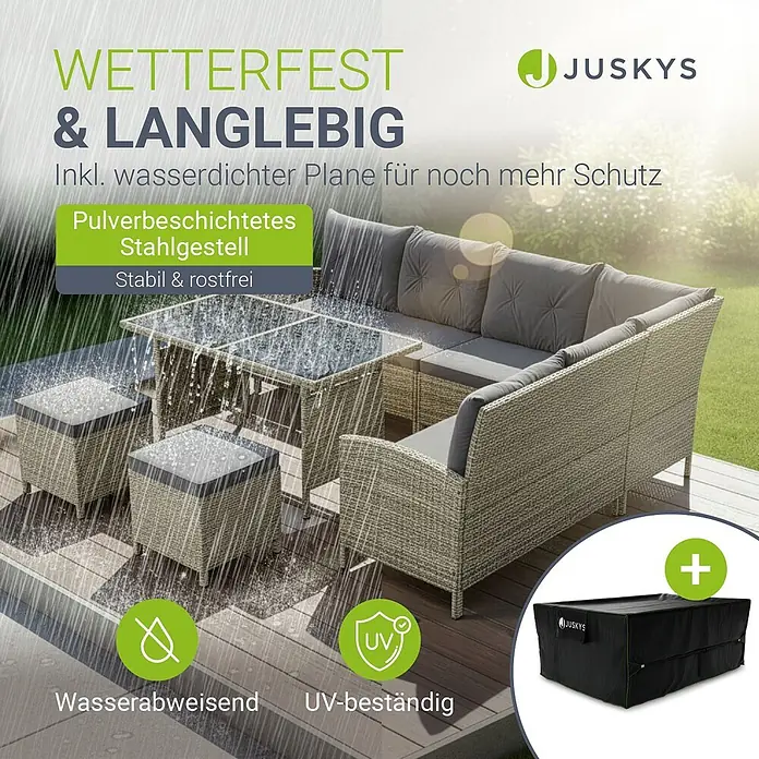 Juskys Loungemöbel-Set Manacor - 5 -tlg., Gestell: Stahl, pulverbeschichtet; Geflecht: Polyrattan; Tischplatten: Sicherheitsglas; Sitzkissen: 100 % Schaumstoff; Bezüge: 100 % Polyester; Abdeckung: 420D Oxford-Gewebe (100 g/m²), PU-Beschichtung, dunkelgrau - Wetterfeste Rattan-Lounge-Sitzgruppe mit grauen Kissen, im Regen gezeigt. Inklusive Schutzhülle.