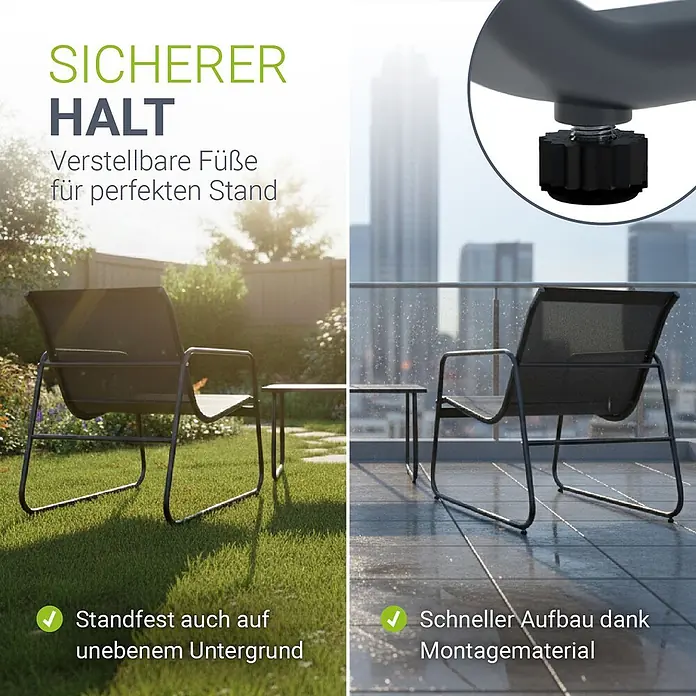 Juskys Loungemöbel-Set Genua - 4 -tlg., Gestell: Stahl (pulverbeschichtet); Tischplatte: 5 mm ESG-Glas; Sitzfläche: Polyester (PVC-beschichtet), Anthrazit - Schwarzer Gartenstuhl mit verstellbaren Füßen für sicheren Stand auf jedem Untergrund. Schneller Aufbau.