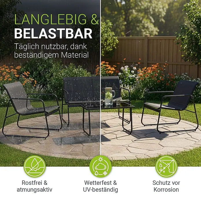 Juskys Loungemöbel-Set Genua - 4 -tlg., Gestell: Stahl (pulverbeschichtet); Tischplatte: 5 mm ESG-Glas; Sitzfläche: Polyester (PVC-beschichtet), Anthrazit - Strapazierfähige dunkelgraue Metall-Stoff-Gartenlounge, regen- und sonnenbeständig gezeigt.