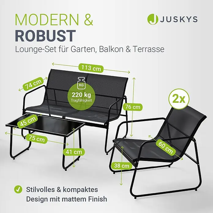 Juskys Loungemöbel-Set Genua - 4 -tlg., Gestell: Stahl (pulverbeschichtet); Tischplatte: 5 mm ESG-Glas; Sitzfläche: Polyester (PVC-beschichtet), Anthrazit - Schwarzes Metall- und Netzstoff-Loungeset für draußen mit Zweisitzer-Sofa (integrierter Tisch) und zwei Sesseln.