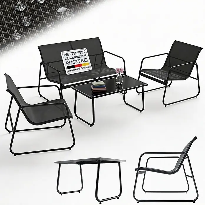 Juskys Loungemöbel-Set Genua - 4 -tlg., Gestell: Stahl (pulverbeschichtet); Tischplatte: 5 mm ESG-Glas; Sitzfläche: Polyester (PVC-beschichtet), Anthrazit - Schwarzes wetterfestes Outdoor-Sitzset mit Zweisitzerbank, zwei Sesseln und einem Couchtisch aus Metallrahmen und Netzstoff.
