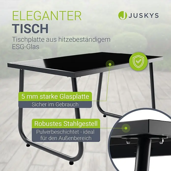 Juskys Loungemöbel-Set Genua - 4 -tlg., Gestell: Stahl (pulverbeschichtet); Tischplatte: 5 mm ESG-Glas; Sitzfläche: Polyester (PVC-beschichtet), Anthrazit - Gartentisch mit schwarzer ESG-Glasplatte und pulverbeschichtetem Stahlgestell, 5 mm Glasstärke.