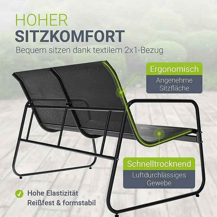 Juskys Loungemöbel-Set Genua - 4 -tlg., Gestell: Stahl (pulverbeschichtet); Tischplatte: 5 mm ESG-Glas; Sitzfläche: Polyester (PVC-beschichtet), Anthrazit - Dunkelgraue Outdoor-Bank mit schwarzem Metallrahmen und atmungsaktiver Textilbespannung, betont Komfort und schnelltrocknende Eigenschaften.