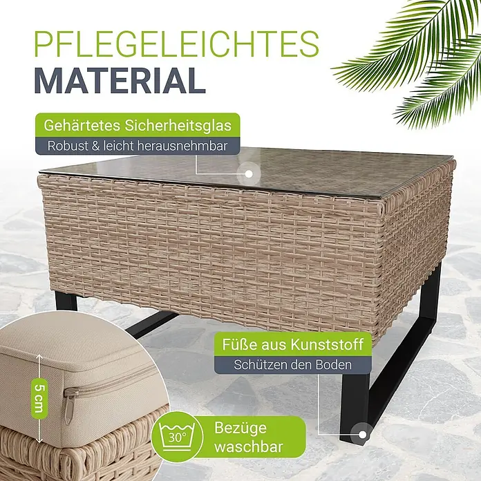 Juskys Loungemöbel-Set Santorini - 5 -tlg., Möbel: Stahl (pulverbeschichtet), Polyrattan, gehärtetes Glas; Polster/Kissen: 100 % Polyestergewebe; Abdeckung: 420D Oxford-Gewebe (100 g/m²), PU-Beschichtung, Creme - Beiger Polyrattan-Gartentisch mit gehärteter Glasplatte und schwarzem Metallgestell, mit Kunststofffüßen.