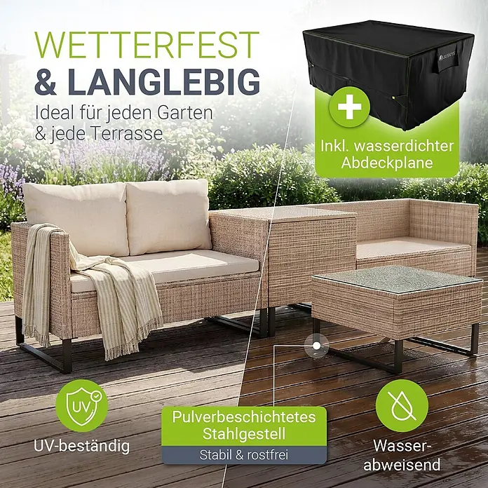 Juskys Loungemöbel-Set Santorini - 5 -tlg., Möbel: Stahl (pulverbeschichtet), Polyrattan, gehärtetes Glas; Polster/Kissen: 100 % Polyestergewebe; Abdeckung: 420D Oxford-Gewebe (100 g/m²), PU-Beschichtung, Creme - Rattan-Loungeset mit beigen Kissen auf Holzterrasse, inkl. schwarzer wasserdichter Abdeckplane. Wetterfest & UV-beständig.
