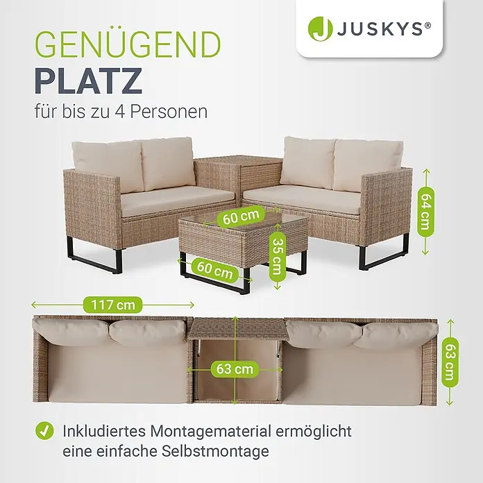 Juskys Loungemöbel-Set Santorini - 5 -tlg., Möbel: Stahl (pulverbeschichtet), Polyrattan, gehärtetes Glas; Polster/Kissen: 100 % Polyestergewebe; Abdeckung: 420D Oxford-Gewebe (100 g/m²), PU-Beschichtung, Creme - Beiges 4-Sitzer Rattan-Lounge-Set mit zwei Sofas und zwei Tischen. Maße sind angezeigt.