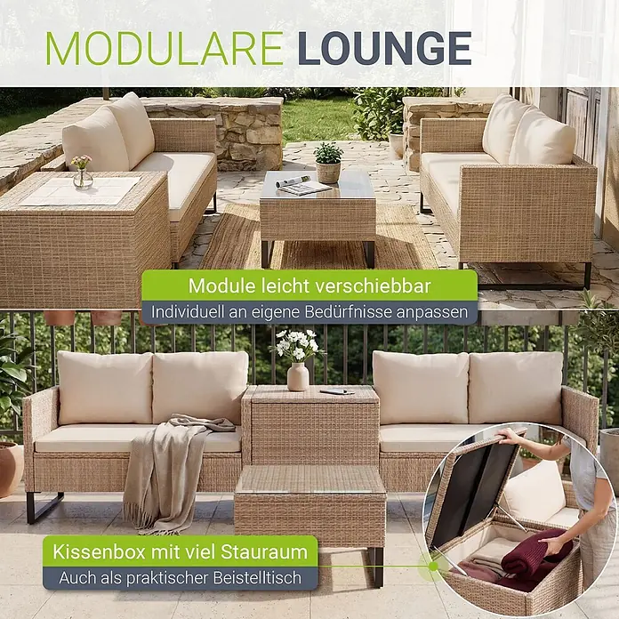 Juskys Loungemöbel-Set Santorini - 5 -tlg., Möbel: Stahl (pulverbeschichtet), Polyrattan, gehärtetes Glas; Polster/Kissen: 100 % Polyestergewebe; Abdeckung: 420D Oxford-Gewebe (100 g/m²), PU-Beschichtung, Creme - Modulare Rattan-Lounge mit beigen Kissen, flexibel konfigurierbar für Außenbereiche, inklusive Beistelltisch mit Stauraum.