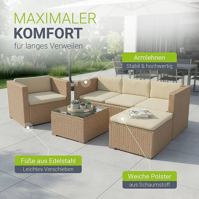 Juskys Loungemöbel-Set Punta Cana - 4 -tlg., Gestell: Stahl, pulverbeschichtet; Geflecht: Polyrattan; Sitz- und Rückenkissen: Polyester, Schaumstoff; Glasplatte: Sicherheitsglas, Creme - Beige Rattan-Optik Outdoor-Lounge-Set mit Kissen auf einer Terrasse. Merkmale sind Edelstahlfüße und weiche Schaumstoffpolsterung für Komfort.