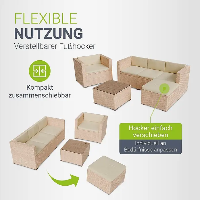 Juskys Loungemöbel-Set Punta Cana - 4 -tlg., Gestell: Stahl, pulverbeschichtet; Geflecht: Polyrattan; Sitz- und Rückenkissen: Polyester, Schaumstoff; Glasplatte: Sicherheitsglas, Creme - Beiges Rattan-Lounge-Set mit cremefarbenen Polstern, zeigt flexible Anordnungen und verstellbaren Fußhocker.