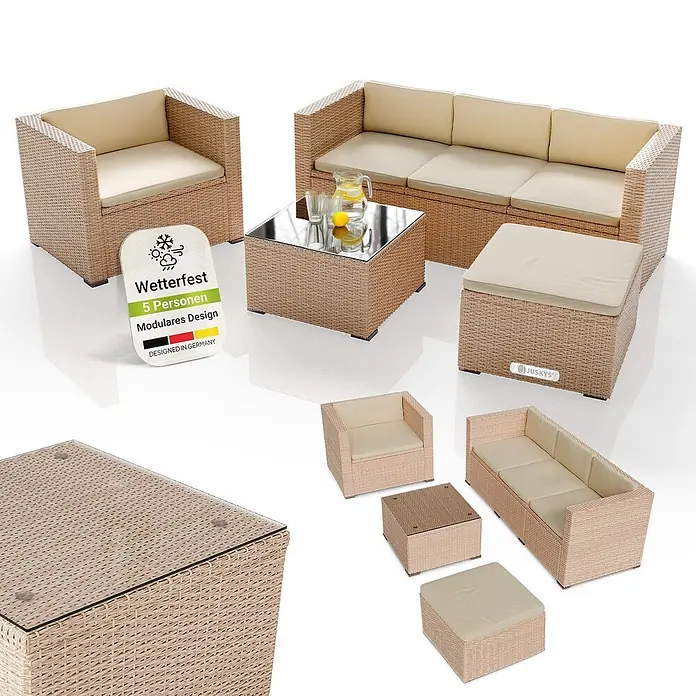 Juskys Loungemöbel-Set Punta Cana - 4 -tlg., Gestell: Stahl, pulverbeschichtet; Geflecht: Polyrattan; Sitz- und Rückenkissen: Polyester, Schaumstoff; Glasplatte: Sicherheitsglas, Creme - Modulare 5-Personen-Gartenlounge aus beigem Rattan mit Polstern und Glastisch. Wetterfest.