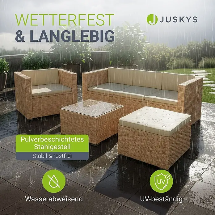 Juskys Loungemöbel-Set Punta Cana - 4 -tlg., Gestell: Stahl, pulverbeschichtet; Geflecht: Polyrattan; Sitz- und Rückenkissen: Polyester, Schaumstoff; Glasplatte: Sicherheitsglas, Creme - Wetterfestes Lounge-Set aus Geflecht mit beigen Kissen und pulverbeschichtetem Stahlgestell, im Regen gezeigt als Beweis für Langlebigkeit.