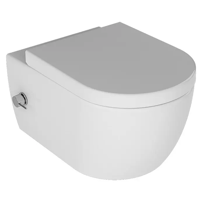 Kreabad Wand-WC -  - Weißes wandhängendes Bidet-WC mit grauem Sitz und Chrom-Sprühdüse.