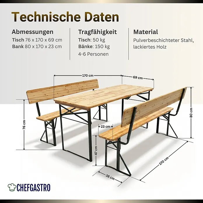 CHEFGASTRO Bierzeltgarnitur mit Lehne mittig klappbar 170 cm breit 3-teilig 1x Tisch 2X Bierbank mit Rückenlehne, lackiertes Holz, Biertischgarnitur Festzeltgarnitur Gartenmöbel-Set -  - Bierzeltgarnitur aus lackiertem Holz und schwarz pulverbeschichtetem Stahl, mit Tisch und zwei Bänken mit Rückenlehne.