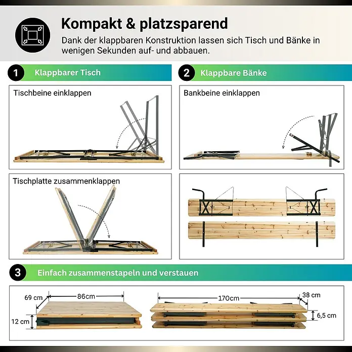 CHEFGASTRO Bierzeltgarnitur mit Lehne mittig klappbar 170 cm breit 3-teilig 1x Tisch 2X Bierbank mit Rückenlehne, lackiertes Holz, Biertischgarnitur Festzeltgarnitur Gartenmöbel-Set -  - Klappbares Biertischgarnitur aus Holz mit dunklen Metallgestellen, gezeigt beim Zusammenklappen und gestapelt zur platzsparenden Aufbewahrung.