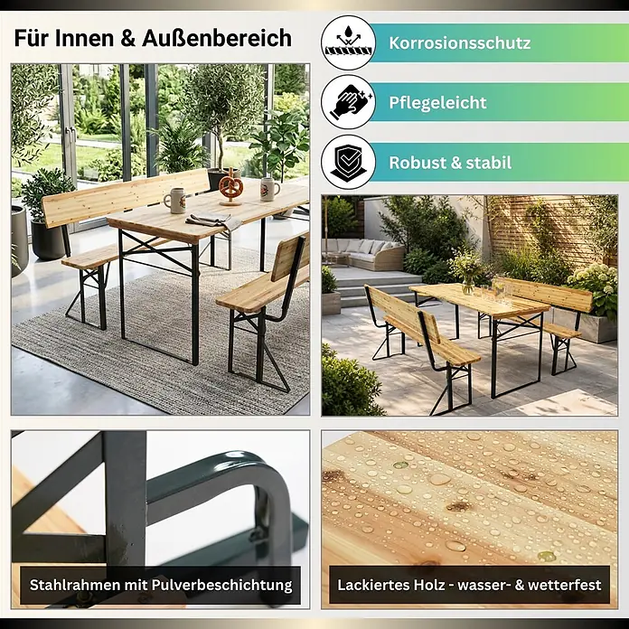 CHEFGASTRO Bierzeltgarnitur mit Lehne mittig klappbar 170 cm breit 3-teilig 1x Tisch 2X Bierbank mit Rückenlehne, lackiertes Holz, Biertischgarnitur Festzeltgarnitur Gartenmöbel-Set -  - Ein Holzesstisch-Set mit schwarzen Stahlrahmen, für Innen- und Außenbereich, mit Merkmalen wie Wasserfestigkeit und Langlebigkeit.