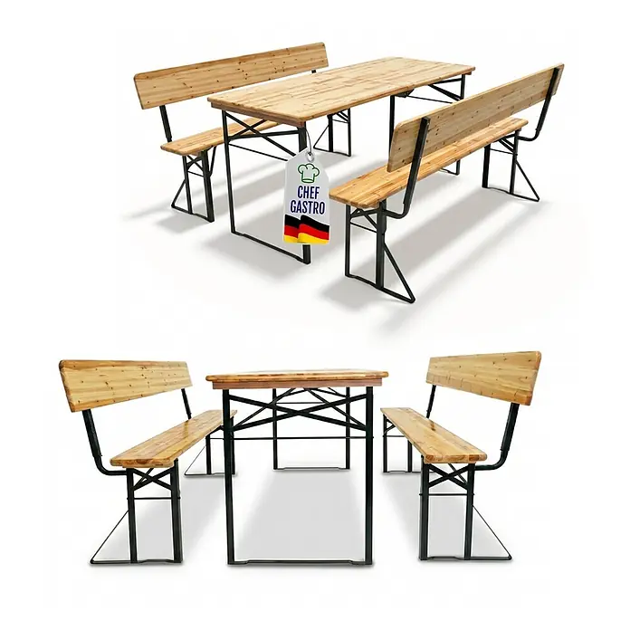 CHEFGASTRO Bierzeltgarnitur mit Lehne mittig klappbar 170 cm breit 3-teilig 1x Tisch 2X Bierbank mit Rückenlehne, lackiertes Holz, Biertischgarnitur Festzeltgarnitur Gartenmöbel-Set -  - Klappbarer Biergartentisch mit zwei Bänken, Holzplatten und schwarzen Metallgestellen.