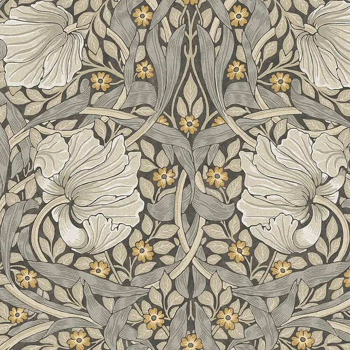 William Morris At Home Vliestapete Pimpernel Blumen - Grau, Floral, 1.000 x 52 cm - Komplexes Blumenmuster in Creme, Grau-Grün und Gelb auf dunklem Grund, mit stilisierten Blüten und Blättern.