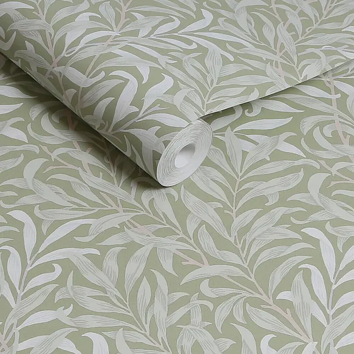 William Morris At Home Vliestapete Vliestapete Weidenzweig - Salbeigrün, Sonstiges, 10 x 0,52 m - Tapetenrolle mit hellgrünem, weißem und rosa Blattmuster.
