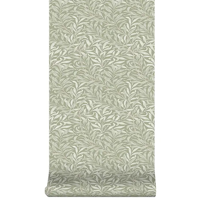 William Morris At Home Vliestapete Vliestapete Weidenzweig - Salbeigrün, Sonstiges, 10 x 0,52 m - Tapetenrolle mit salbeigrünem Hintergrund und einem detaillierten Muster aus hellgrünen Blättern und zarten Ästen.