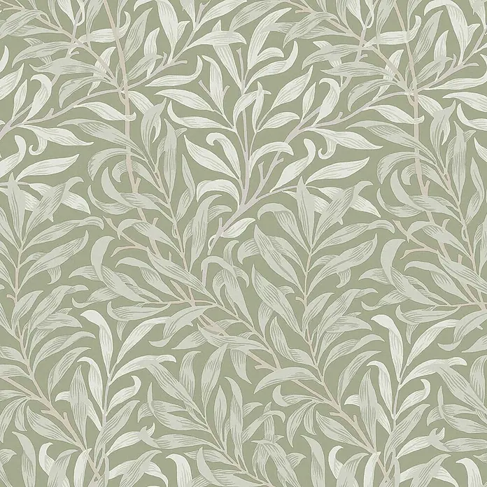 William Morris At Home Vliestapete Vliestapete Weidenzweig - Salbeigrün, Sonstiges, 10 x 0,52 m - Salbeigrüne Tapete mit einem wiederkehrenden Muster aus hellfarbenen Weidenblättern und Zweigen.