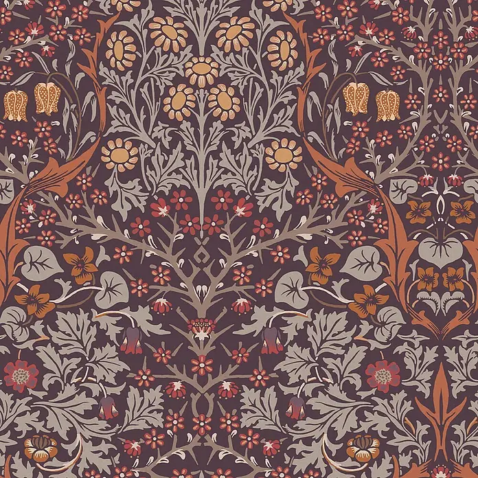 William Morris At Home Vliestapete Vliestapete Schlehdorn - Lila, Floral - Komplexes Blumenmuster mit grauem Blattwerk, orange-roten Blüten auf dunklem Lila-Grund.
