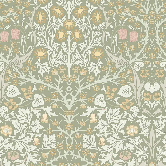 William Morris At Home Vliestapete Vliestapete Schlehdorn - Salbeigrün, Floral, 10 x 0,52 m - Dekoratives florales Rapportmuster mit cremefarbenen, hellgrünen, gelben und rosa Blüten und Blättern.
