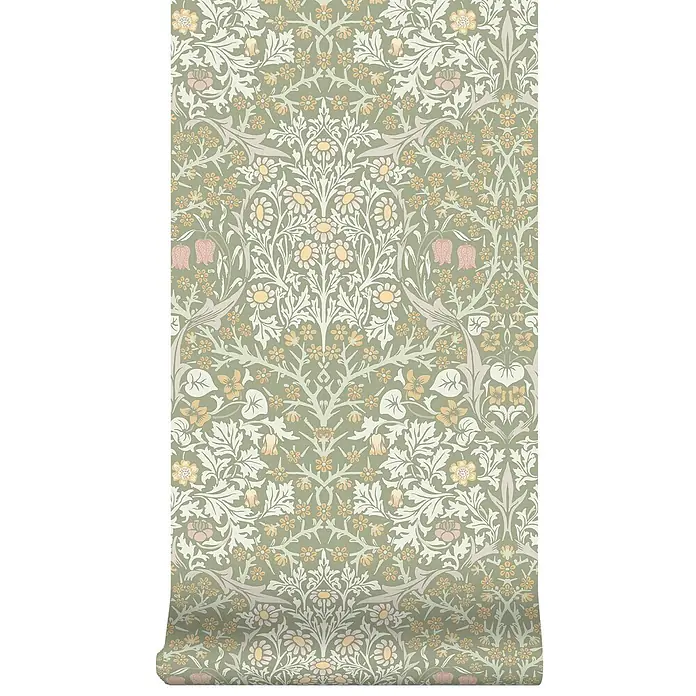 William Morris At Home Vliestapete Vliestapete Schlehdorn - Salbeigrün, Floral, 10 x 0,52 m - Rolle hellgrüner Tapete mit detailliertem Blumenmuster in Weiß-, Gelb- und Rosatönen.