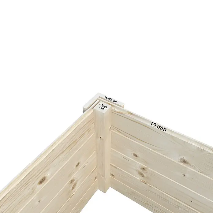 Palmako Gartenhaus Olivia - Außenmaß inkl. Dachüberstand (B x T): 300 x 206 cm, Holz, Hellbraun - Eckdetail einer hellen Holzkonstruktion (z.B. Hochbeet) mit 19mm Brettern, 45x45mm Eckpfosten und 16x95mm Randleiste.