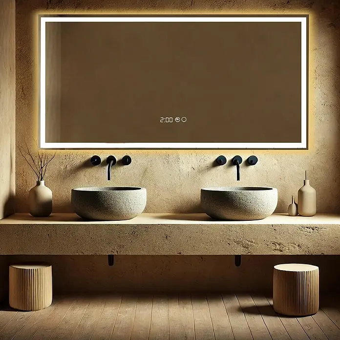 Lumoire Lichtspiegel TRON - 120 x 60 cm - Großer LED-hinterleuchteter Smart-Spiegel mit Digitaluhr, über zwei strukturierten Steinwaschbecken und mattschwarzen Wandarmaturen.