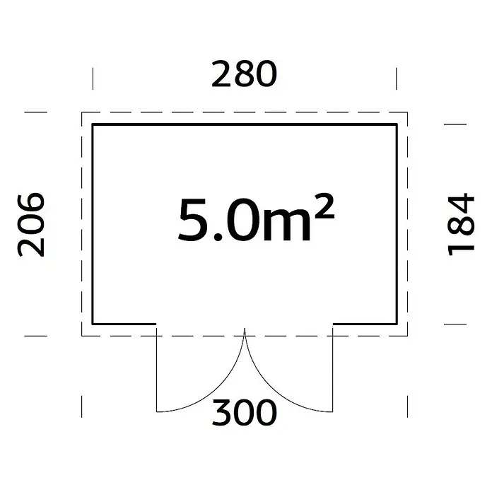 Palmako Gartenhaus Olivia - Außenmaß inkl. Dachüberstand (B x T): 300 x 206 cm, Holz, Hellbraun - Grundrissdiagramm eines rechteckigen Gebäudes mit Eingang, zeigt Abmessungen (280x206/184) und eine Fläche von 5,0m².