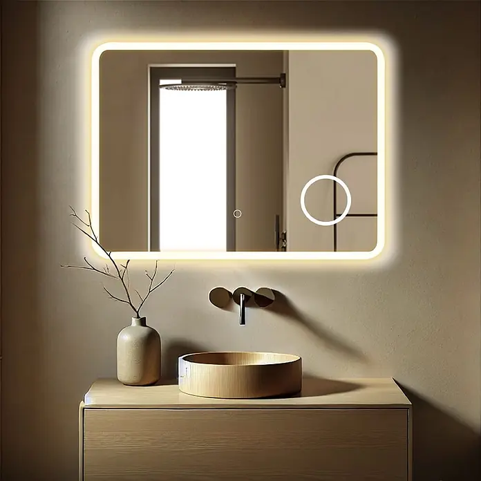 Lumoire Lichtspiegel ELYSIUM - 80 x 60 cm - Rechteckiger LED-Spiegel mit abgerundeten Ecken, über Holz-Waschtisch, mit Aufsatzwaschbecken und Wandarmatur.