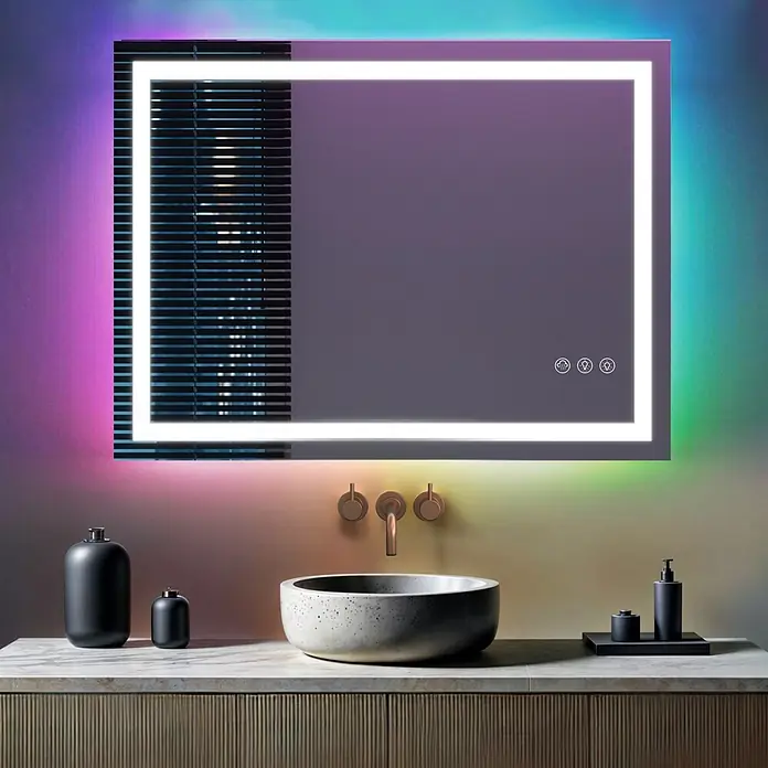 Lumoire Lichtspiegel MATRIX1 -  - Rechteckiger LED-Badezimmerspiegel mit Touch-Steuerung, Jalousien spiegelnd, über modernem Betonwaschbecken und geriffelter Waschtisch.