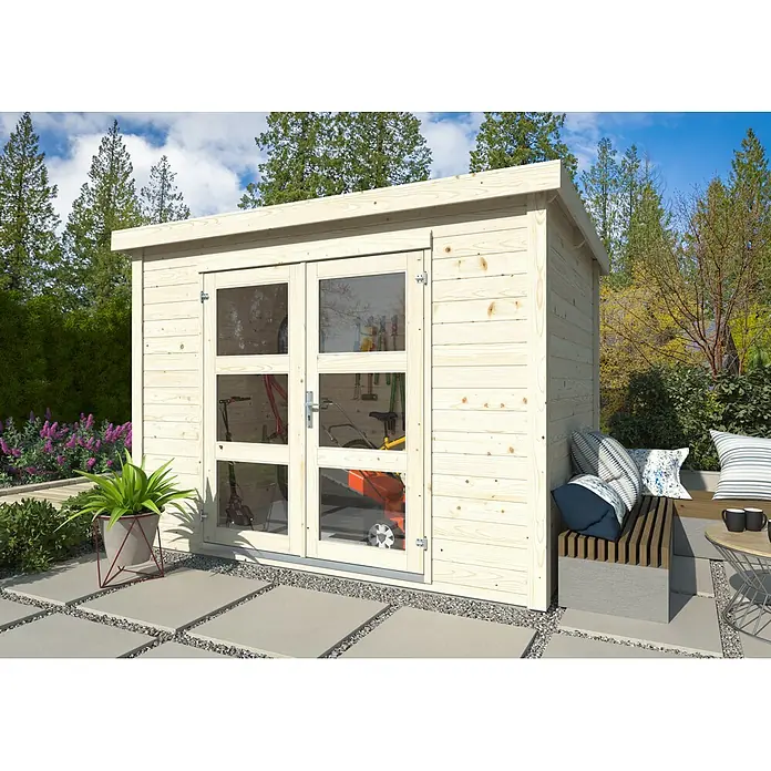 Palmako Gartenhaus Olivia - Außenmaß inkl. Dachüberstand (B x T): 300 x 206 cm, Holz, Natur - Helles Gartenhaus aus Holz mit Glastüren für Werkzeuge und integrierter Sitzgelegenheit.